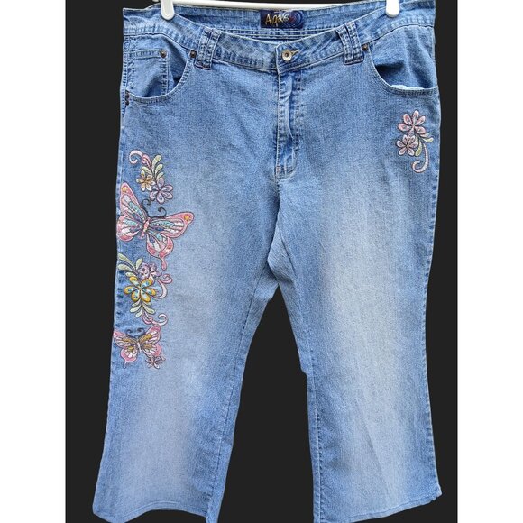 Vintage Angels Womens Denim Cropped Jeans Embroidery Butterfly Floral Size 20 - Picture 1 of 16